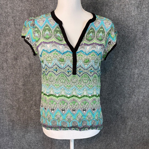 Bila Tops - Bila Embellished Paisley Print Top Womens Small Green Blue Boho V Neck Beaded